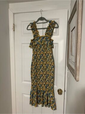 Forever 21 Yellow and Blue Floral Smocked Midi Dress